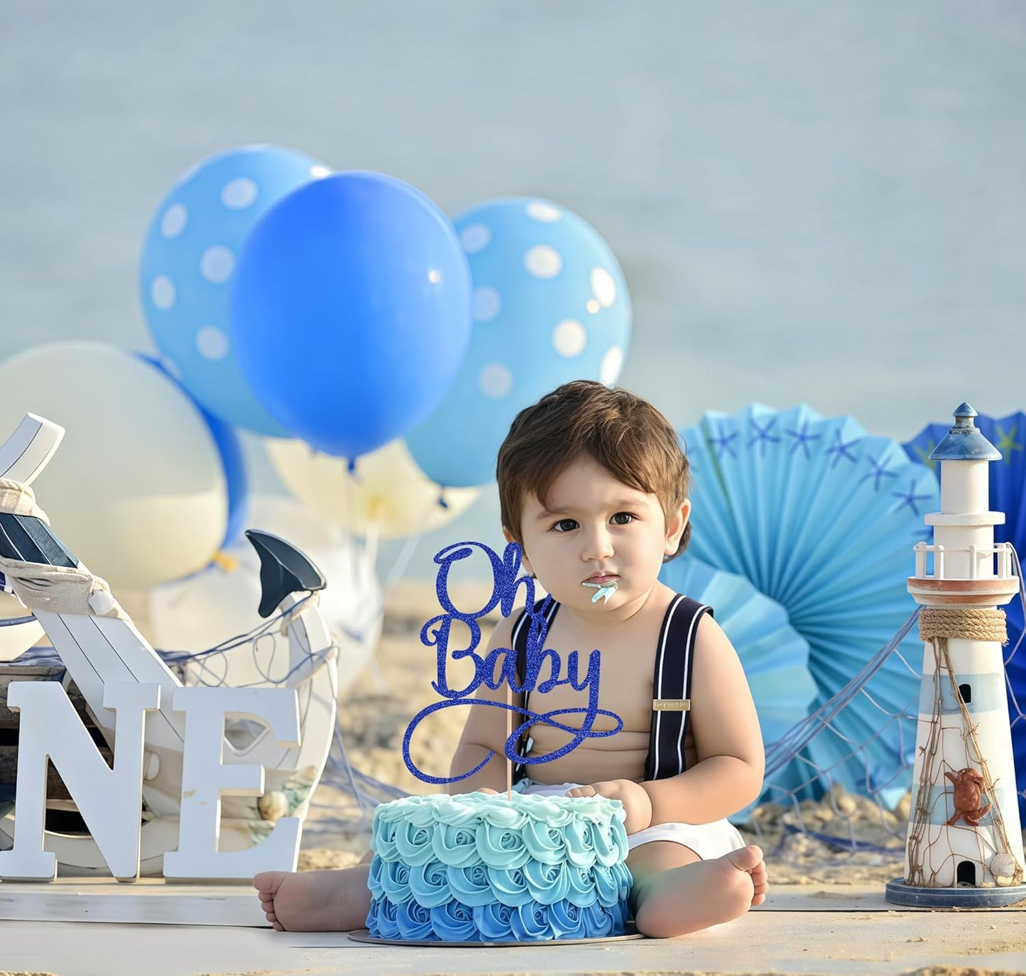 Oh Baby Cake Topper - Royal Blue Glitter Baby Birthday Party Cake Decoration Supplies, for Baby Shower/Gender Reveal Party Photo Booth Props