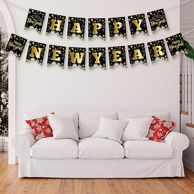 Happy New Years Eve Decorations 2026 - Black Gold Happy New Year Banner, New Years Sign Bunting Banner Garland for 2026 New Year Party Supplies, Home Office Fireplace Wall Decorations Favors Props