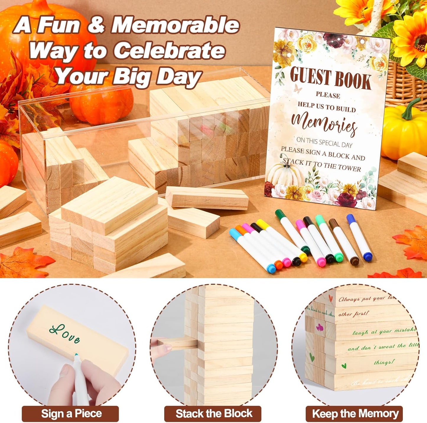 80 Pcs Wedding Guest Book Alternative Wooden Block Guest Book for Wedding Sign in Bridal Shower Decoration Wooden Block Bridal Shower Game for Sign in, Reception (Pumpkin)