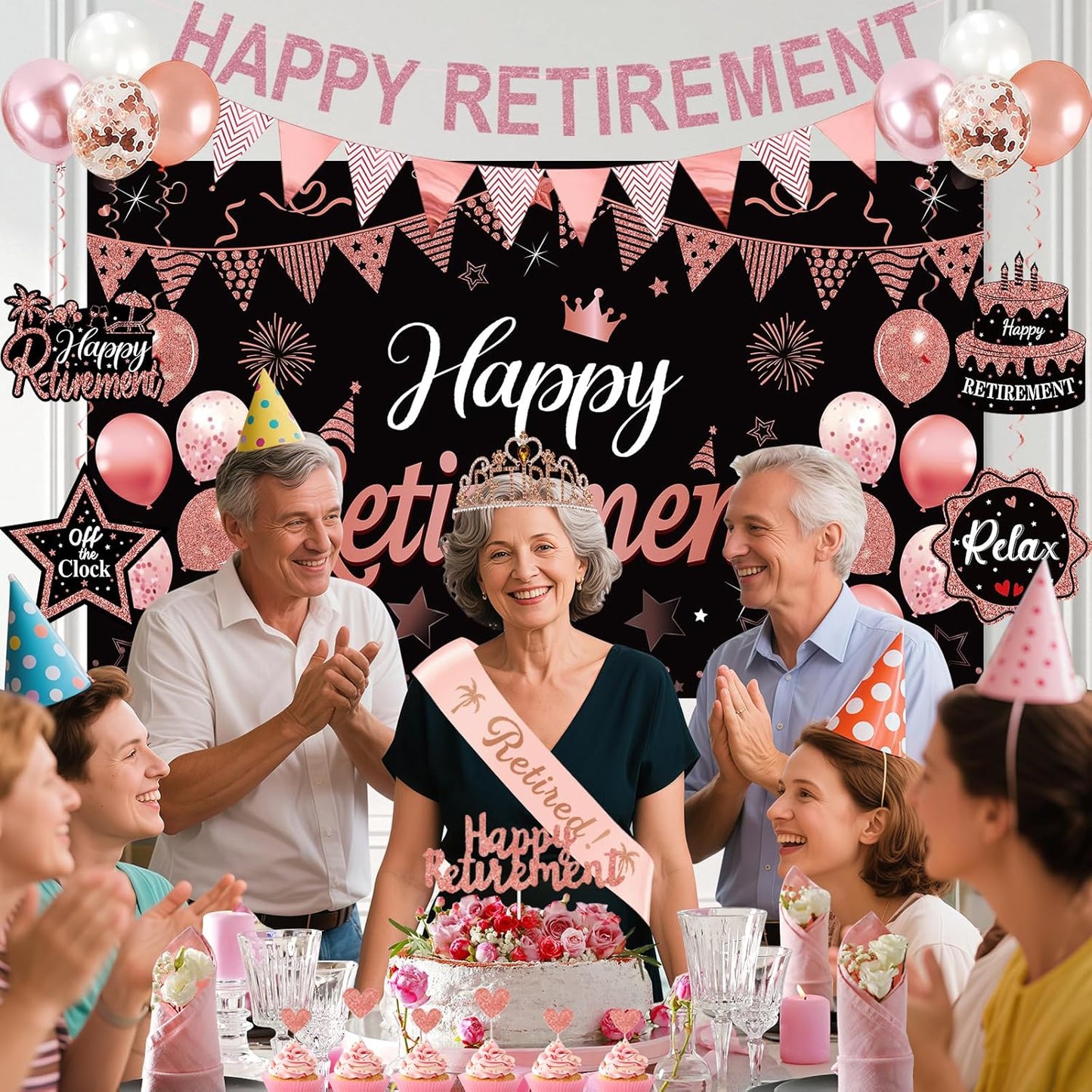 Rose Gold Retirement Party Decorations for Women, Retired Crown and Sash Retirement Backdrop Balloons Cake Toppers Hanging Swirls Retired Parties Supplies 24PCS