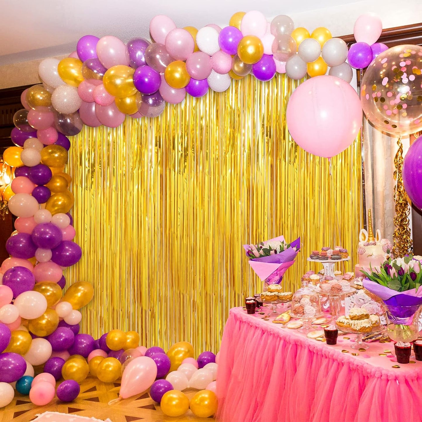 Crosize 5 Pack 3.3 x 9.9 ft Gold Foil Fringe Curtains Party Decorations, Gold Tinsel Curtain Backdrop for Parties, Door Streamers, Glitter Streamer Backdrop for Birthday Decoration