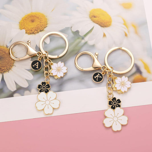 SELOVO Initial Keychain Flower Charms for Key Cute Pink Letter Keyring for Backpack