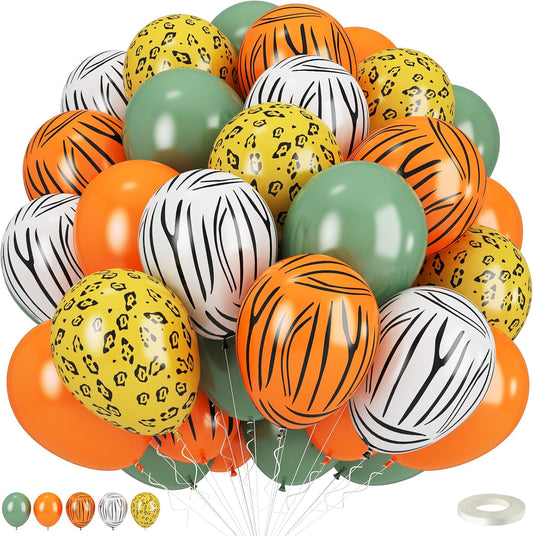 Safari Balloons, Jungle Animal Print Balloons 12 Inch, Tiger Leopard Zebra Print Jungle Safari Theme Olive Green Orange Balloon for Birthday Zoo Forest Animal Wild One Party Decorations Supplies