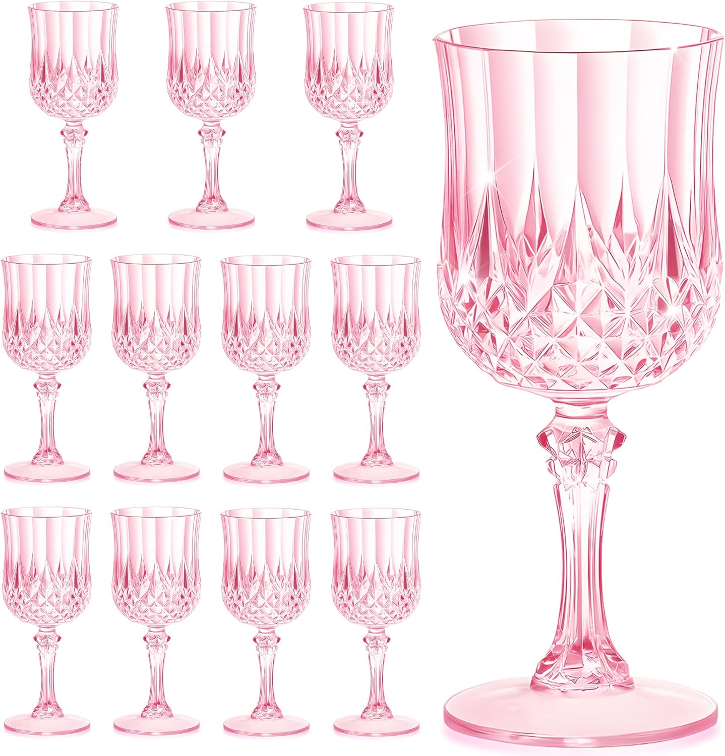 12PCS 7OZ Pink Wine Plastic Glasses, Drinking Champagne Glasses Flutes Crystal Vintage Water Unbreakable Goblets for Wedding, Parties