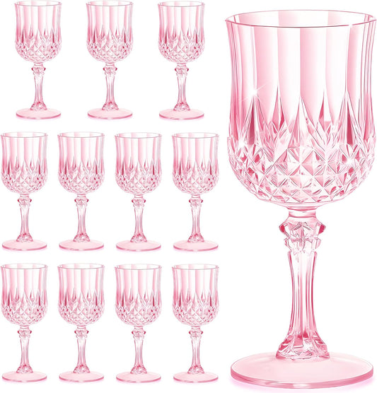 12PCS 7OZ Pink Wine Plastic Glasses, Drinking Champagne Glasses Flutes Crystal Vintage Water Unbreakable Goblets for Wedding, Parties