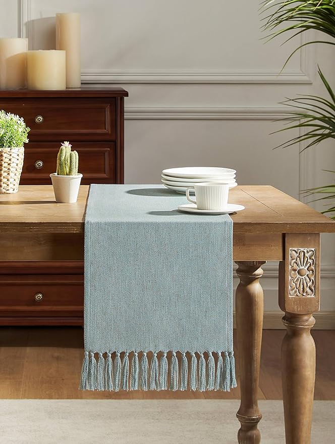 ZeeMart Linen Blend Table Runner, Blue 13x108 Inch, Farmhouse Burlap Linen Style Rustic Blue Table Runners 108 Inches Long