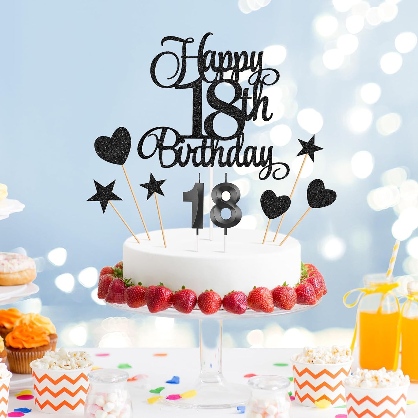 18th Birthday Cake Decorations, 18th Birthday Candles Cake Numeral Candles and Glitter Happy 18th Birthday Cake Toppers Set for Birthday Party Supplies (Black)