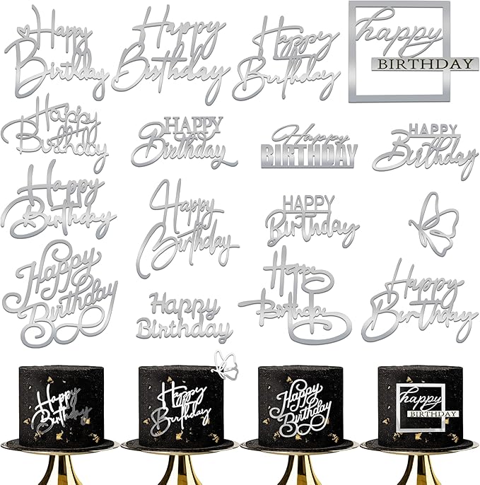 15 PCS Silver Happy Birthday Cake Toppers Mirror Acrylic Cake Topper Side Cake Decorations Silver Cake Inserts Cake Decorating Supplies Cupcake Toppers for Birthday Party Cake Desserts 15 Styles