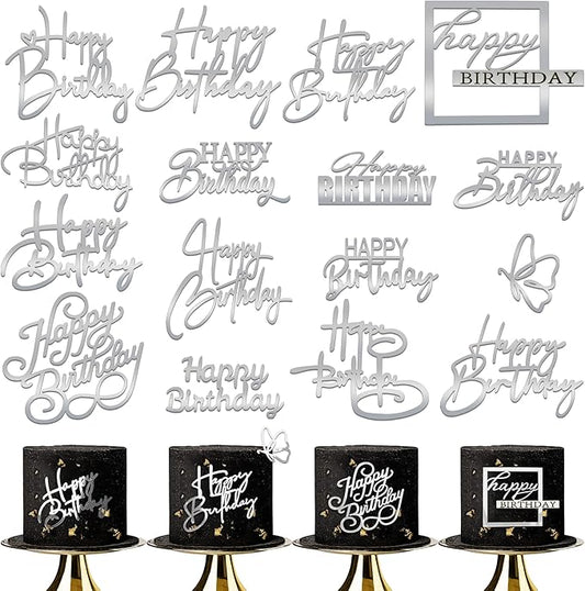 15 PCS Silver Happy Birthday Cake Toppers Mirror Acrylic Cake Topper Side Cake Decorations Silver Cake Inserts Cake Decorating Supplies Cupcake Toppers for Birthday Party Cake Desserts 15 Styles
