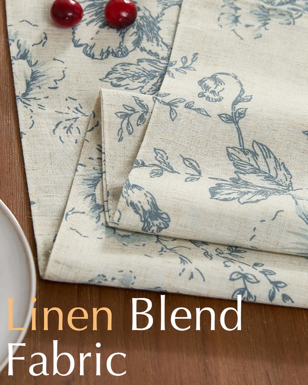 jinchan Floral Linen Table Runner for Kitchen Farmhouse Table Cloth with Blue Flower Print 13 x 72 Inch Beige Linen Blend Cloth for Kitchen Dining Table Indoor Outdoor Decor 1 Panel