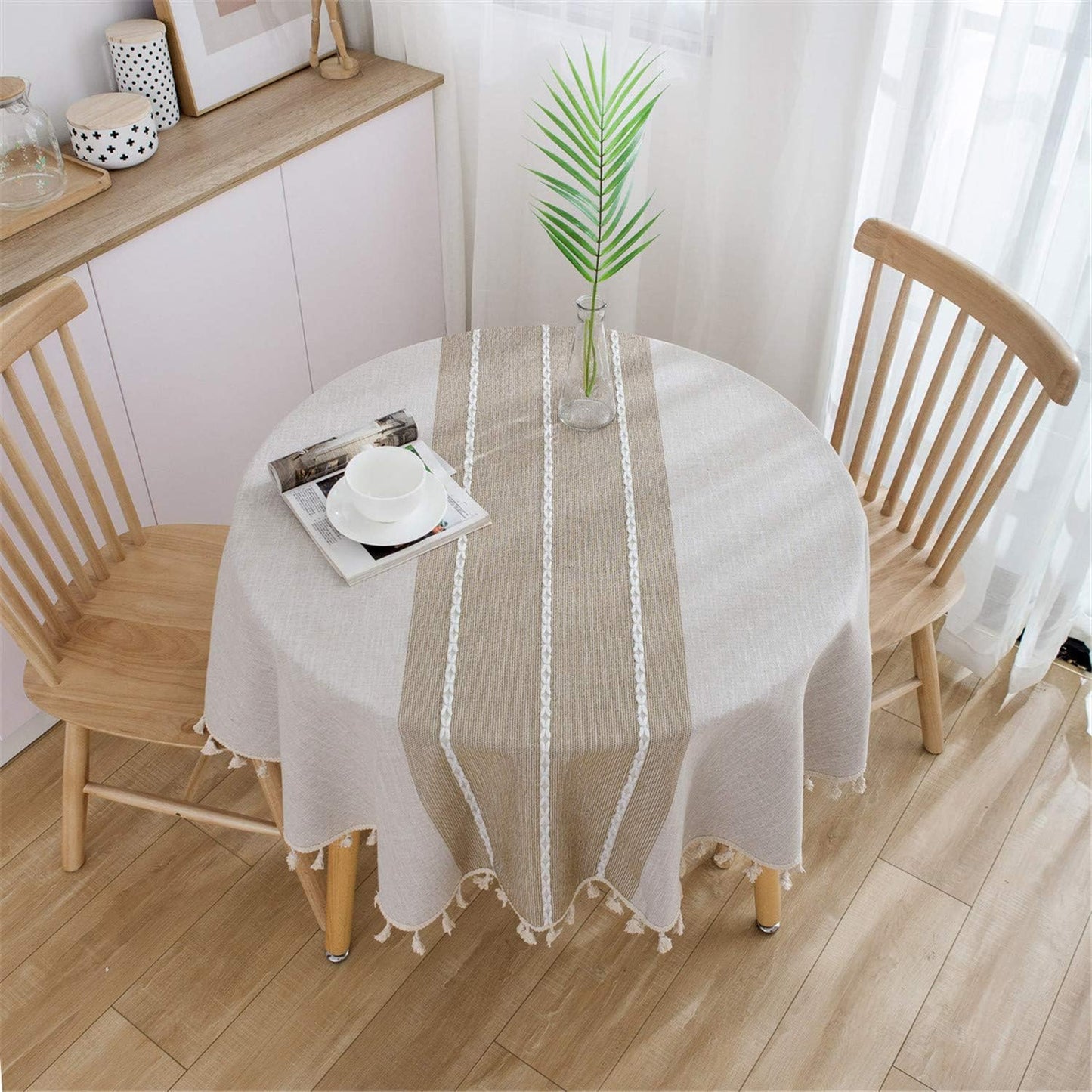 Heavy Weight Cotton Linen Tablecloth - Round 60 Inch Tablecloth - Tassel Stitching Table Cover for Kitchen Dining Room Tabletop Decoration - Beige