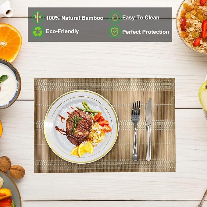 ANDSTAR Bamboo Placemats Set of 8, 17.7x11.8 Inch Brown with White Thread - Non-Slip & Heat Resistant, Easy Clean Woven Table Mats for Dining Room, Kitchen or Home Decor