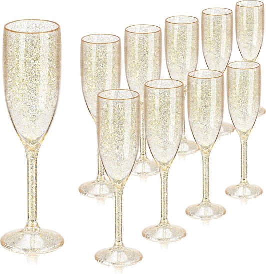 XUWAIDSGN 10 Pcs Champagne Flutes Plastic Wine Glasses Bulk Vintage Champagne Flutes Mimosa Bar Glasses Stemmed Drinking Cups 5.4OZ for Christmas Birthday Wedding Bride (10, Clear gold glitter)