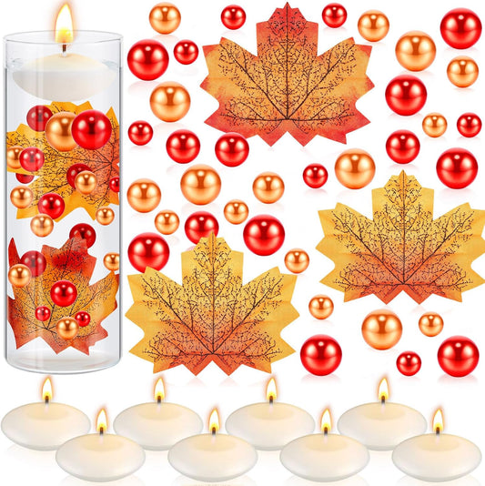 MTLEE 124 Pcs Thanksgiving Vase Filler Faux Pearl for Vase Filler with 8 White Unscented Candles for Fall Thanksgiving Home Table Party Festival Decors, Not Included Clear Beads(Maple Leaves)