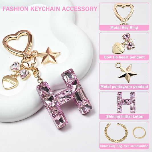 Cute Bling Keychain initial Letter Butterfly Star Pink Purple Gift for Women Girls Bag Cup Charms Accessories