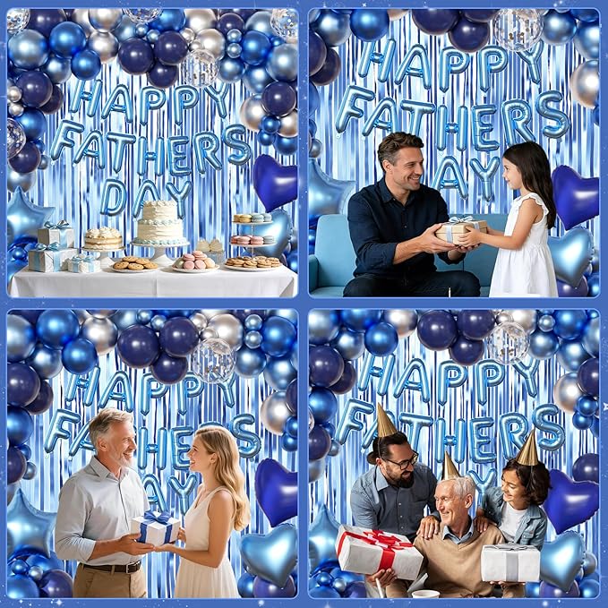 Happy Fathers Day Decorations, Metallic Blue Dark Blue Silver Foil Confetti Balloons Blue Fringe Curtains Banner for Father's Day Party Decorations