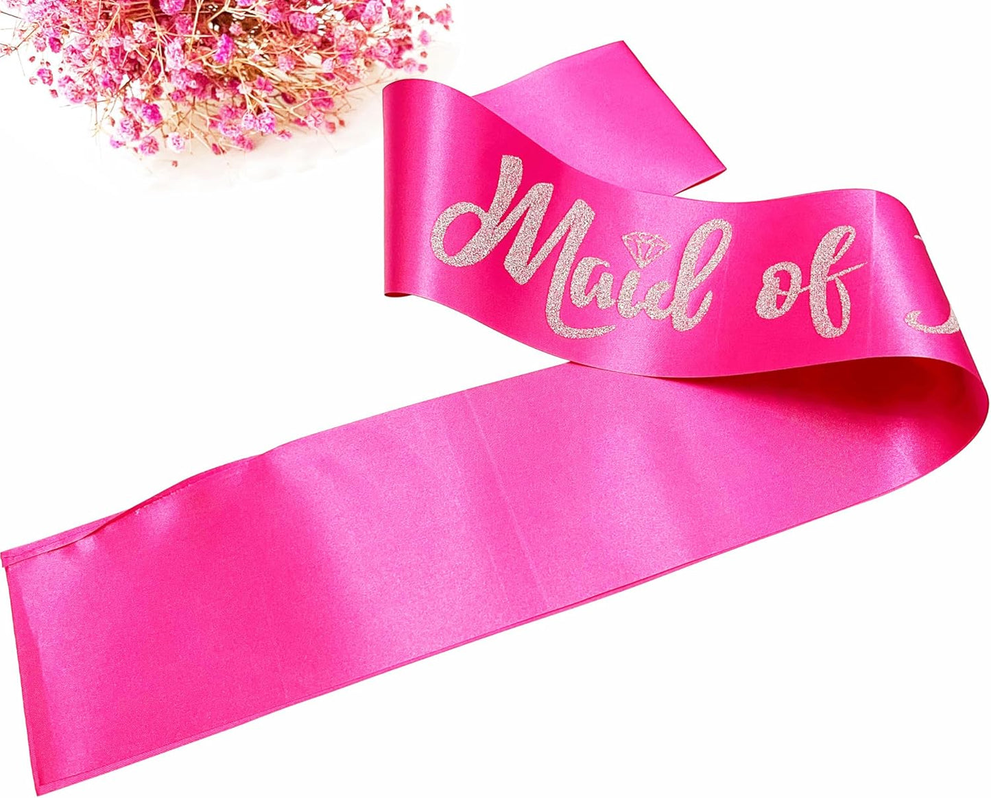 Maid of Honor Sash, Hot Pink Sash with Silver Glitter Letter Bachelorette Party Sash for Bridal Shower Wedding Party Accessories Supplies Engagement Gifts