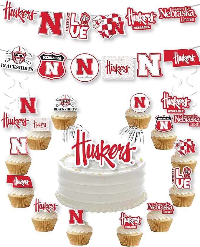 Nebraska Huskers Party Supplies for Football, Birthday Gift, Graduation Party Banner and Cake Toppers (42 Pieces) (Nebraska Cornhuskers)