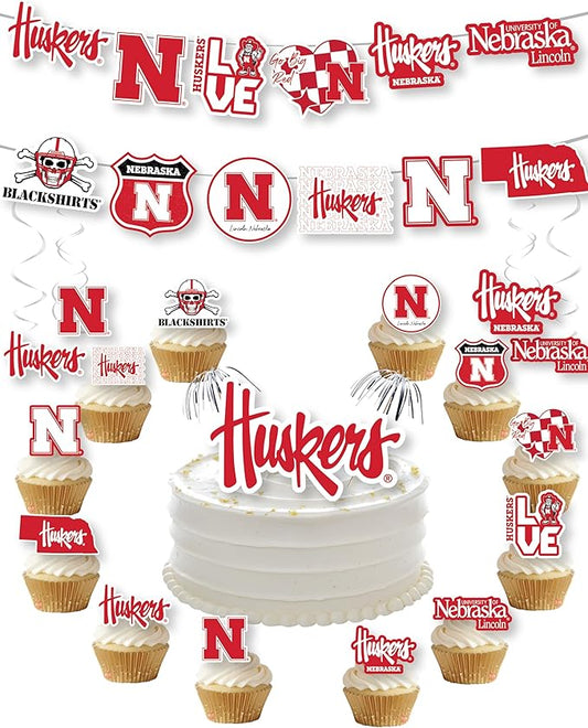 Nebraska Huskers Party Supplies for Football, Birthday Gift, Graduation Party Banner and Cake Toppers (42 Pieces) (Nebraska Cornhuskers)