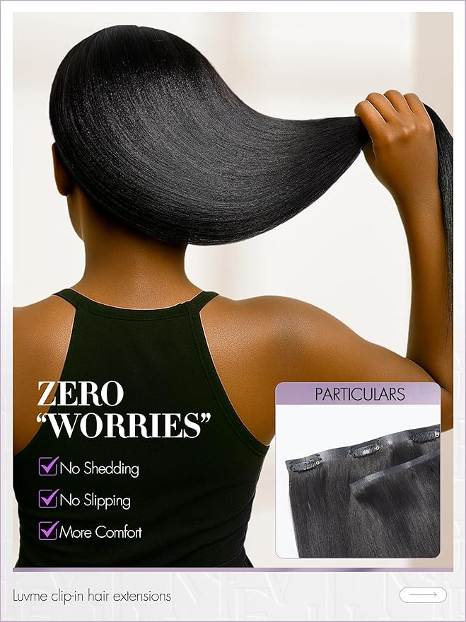 LUVME Yaki Straight Seamless Clip in Hair Extensions 70g, 20 Inch Natural Black, 100% Real Remy Human Hair, Soft Full Volume, Easy Clip Ins for Daily Wear, Work, Parties & Weddings