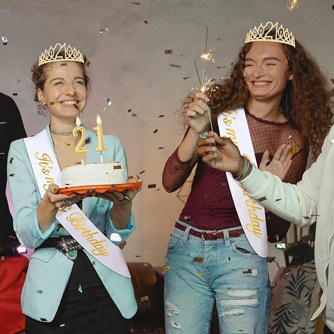21st Birthday Decorations for Her with 21st Birthday Sash White and Tiara Gold, 21 Candles Gold, 21 Year Old Gifts for Her