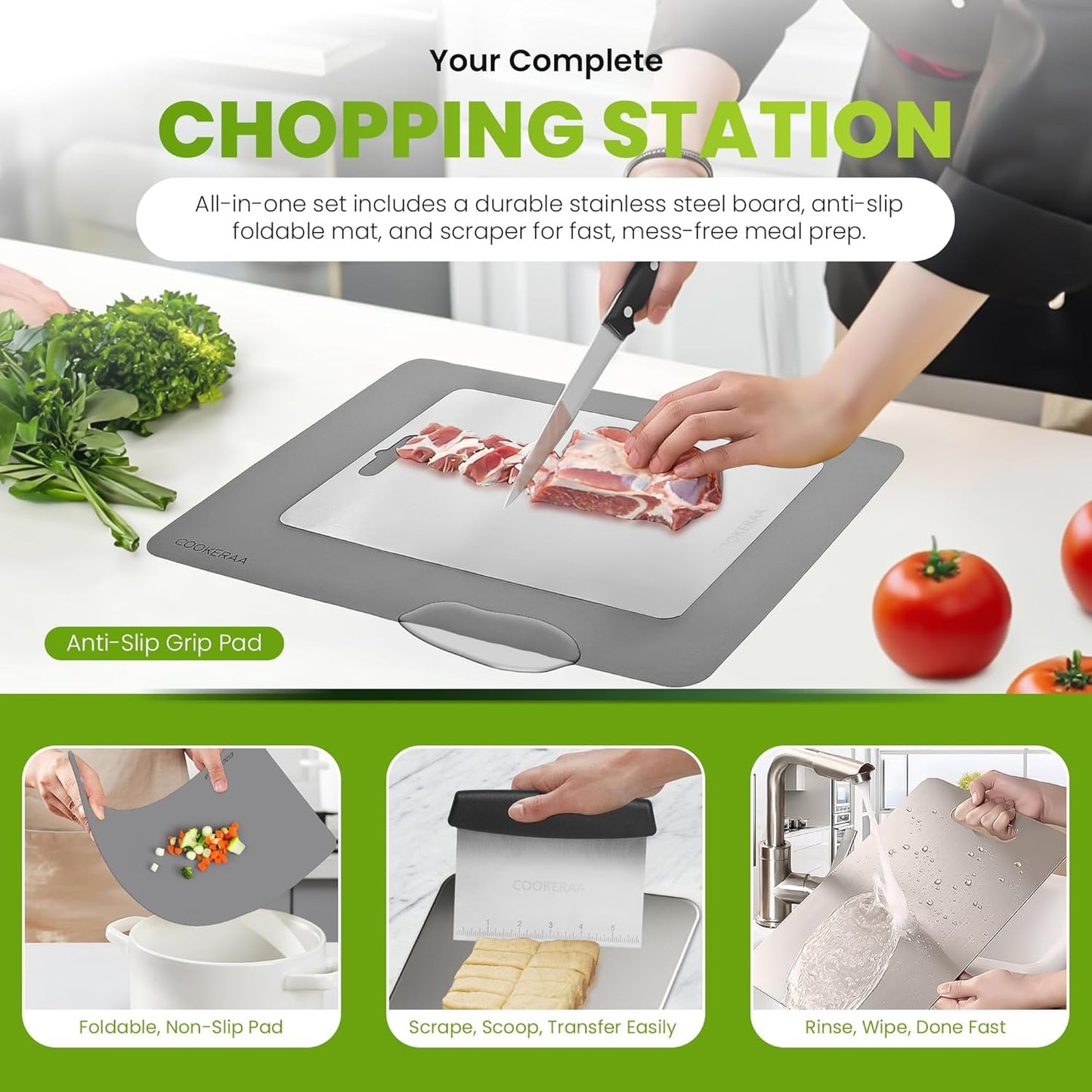Titanium Cutting Board with Anti-Slip Silicone Pad & Multipurpose Scraper, Food Grade Rustproof Stainless Steel Cutting Board Kitchen Set, Space Saving Design, Non-Skid Bottom (14" x 10")