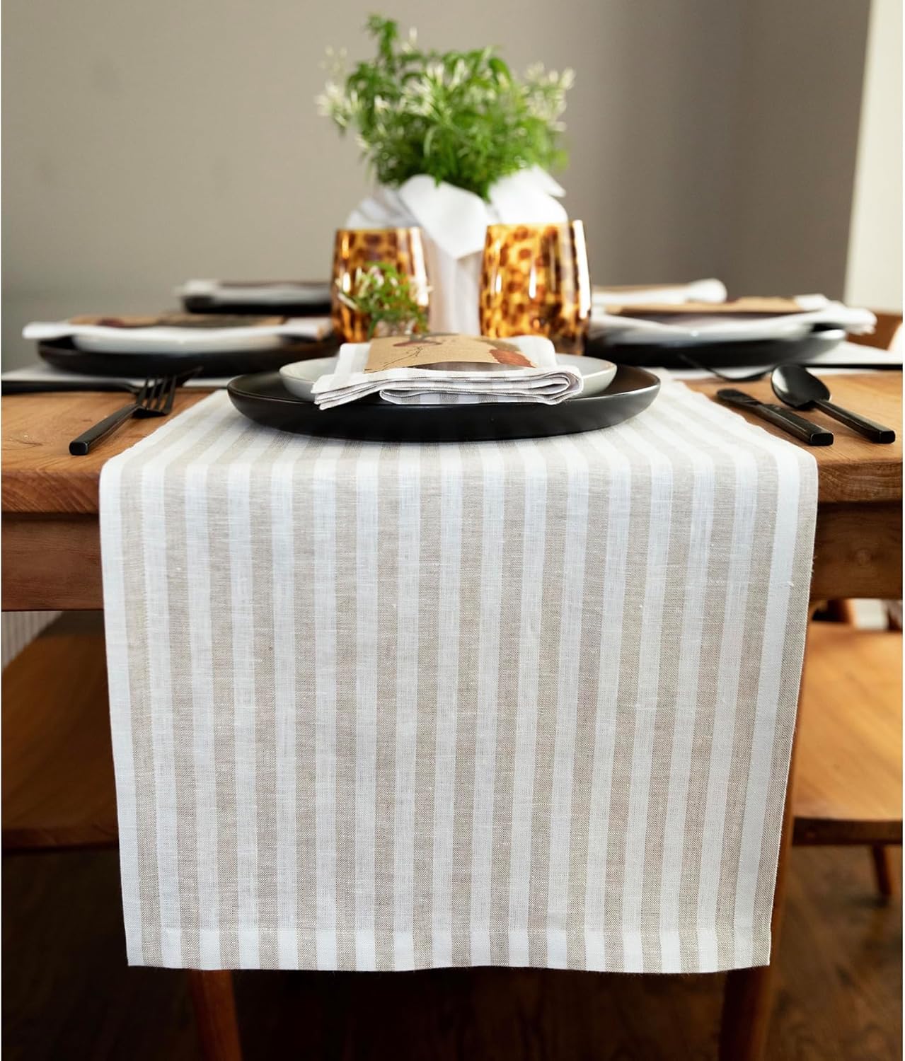 Solino Home Linen Table Runner 156 Inches Long - Amalfi Stripe, 100% Pure Linen Natural and White Table Runner 14 x 156 Inch for Dining, Thanksgiving