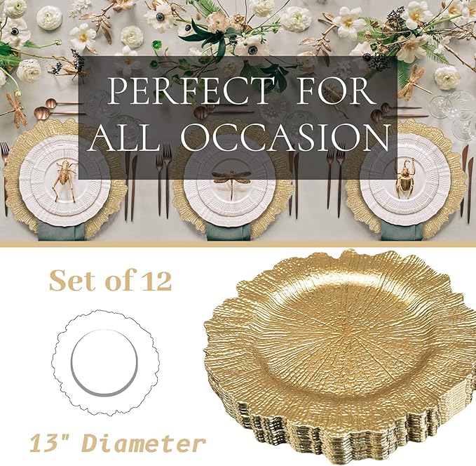 MAONAME 13" Gold Charger Plates, Round Reef Chargers for Dinner Plates, Plastic Plate Chargers for Table Setting, Wedding Decor, Set of 12
