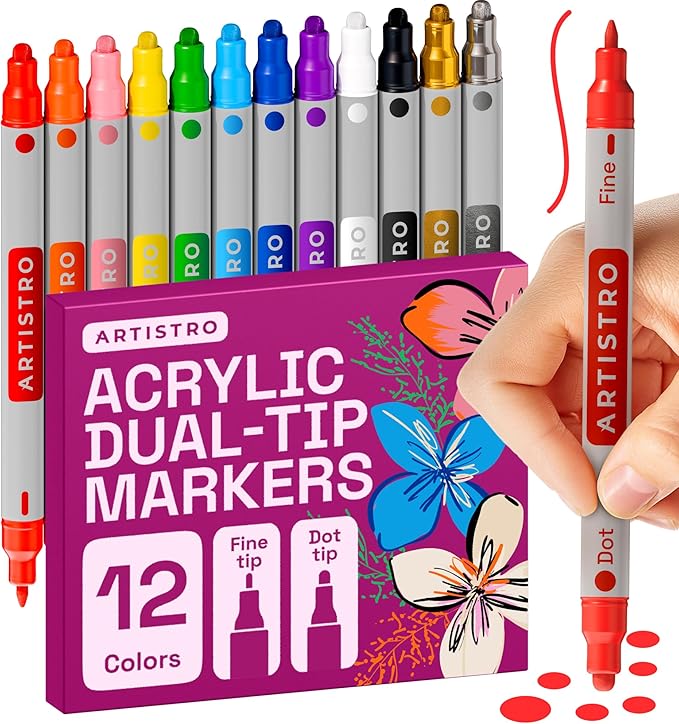ARTISTRO 12 Acrylic Paint Markers for Rock, Fabric, Wood, Glass, Decoration - Dual-Tip Paint Pens for Coloring Books for Adults, Teens, Kids - Art and Craft Supplies Kit - Gift Idea