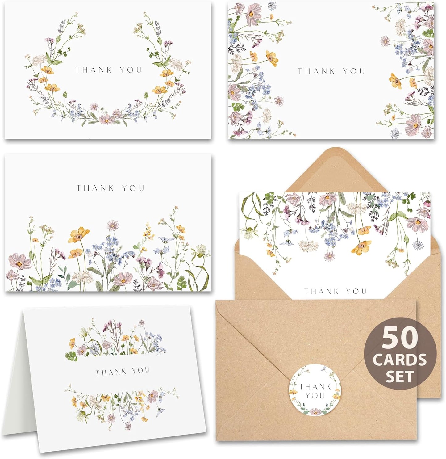 AUDREE Pack 50 Floral Thank You Cards With Envelopes (4"x6") - Wildflower Thank You Cards With Adhesive Envelopes & Matching Stickers for Wedding, Bridal Showers, Baby Showers