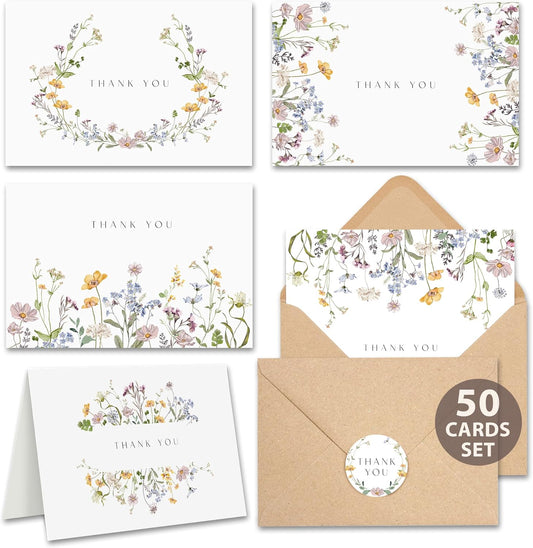 AUDREE Pack 50 Floral Thank You Cards With Envelopes (4"x6") - Wildflower Thank You Cards With Adhesive Envelopes & Matching Stickers for Wedding, Bridal Showers, Baby Showers