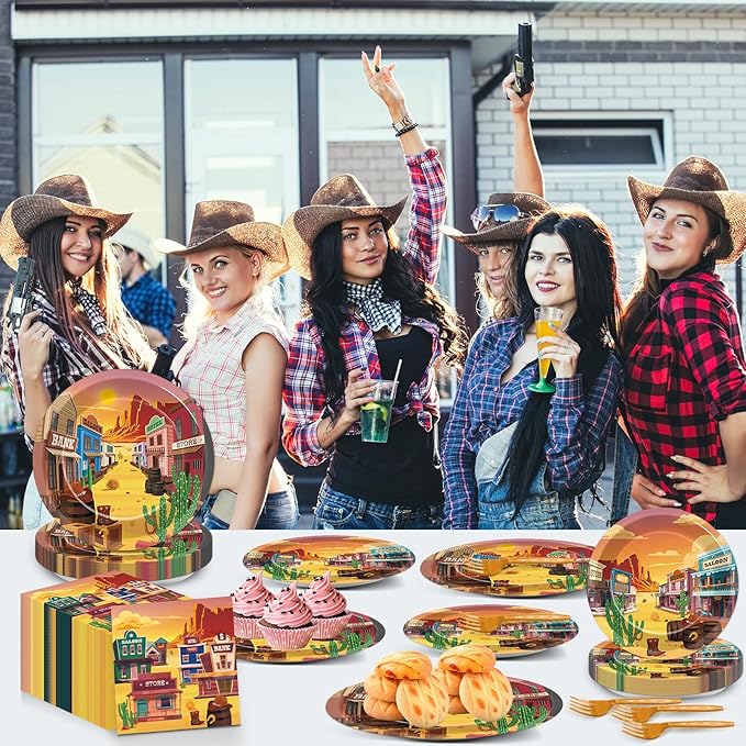 96 PCS Western Party Paper Plates and Napkins Rodeo Party Supplies Western Cowboy Disposable Tableware Set Wild West Desert Town Plate for Baby Shower Birthday Gatherings Decorations