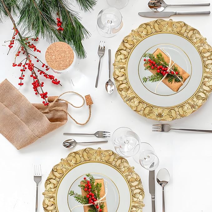 6 Pack Gold Charger Plates 13" Round Charger Plates for Dinning Plates with Embossed Rim Plastic Charger for Dinner, Wedding, Elegant Tableware Decor
