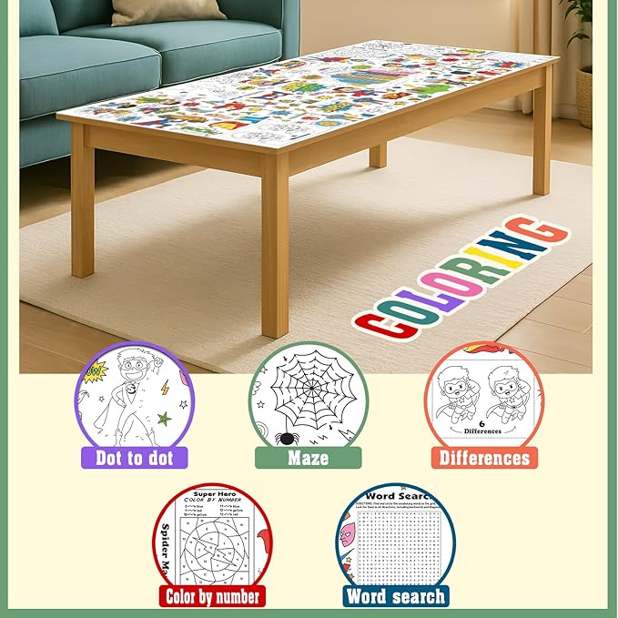 Superhero Coloring Tablecloth, Coloring Table Cloth 30x72 Inch, Superhero Giant Coloring Poster with Capes, Masks, Perfect for Birthday Party Games, Action-Themed Decorations