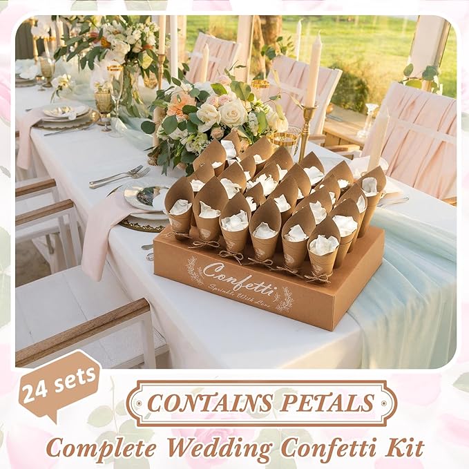 1 Sets Wedding Confetti Cones with 150g (5.29 Oz) Biodegradable Dried Flowers White Petal - 30 Kraft Paper Cones, Tray & Stickers for Wedding, Bridal Shower, Engagement Party, Baby Shower