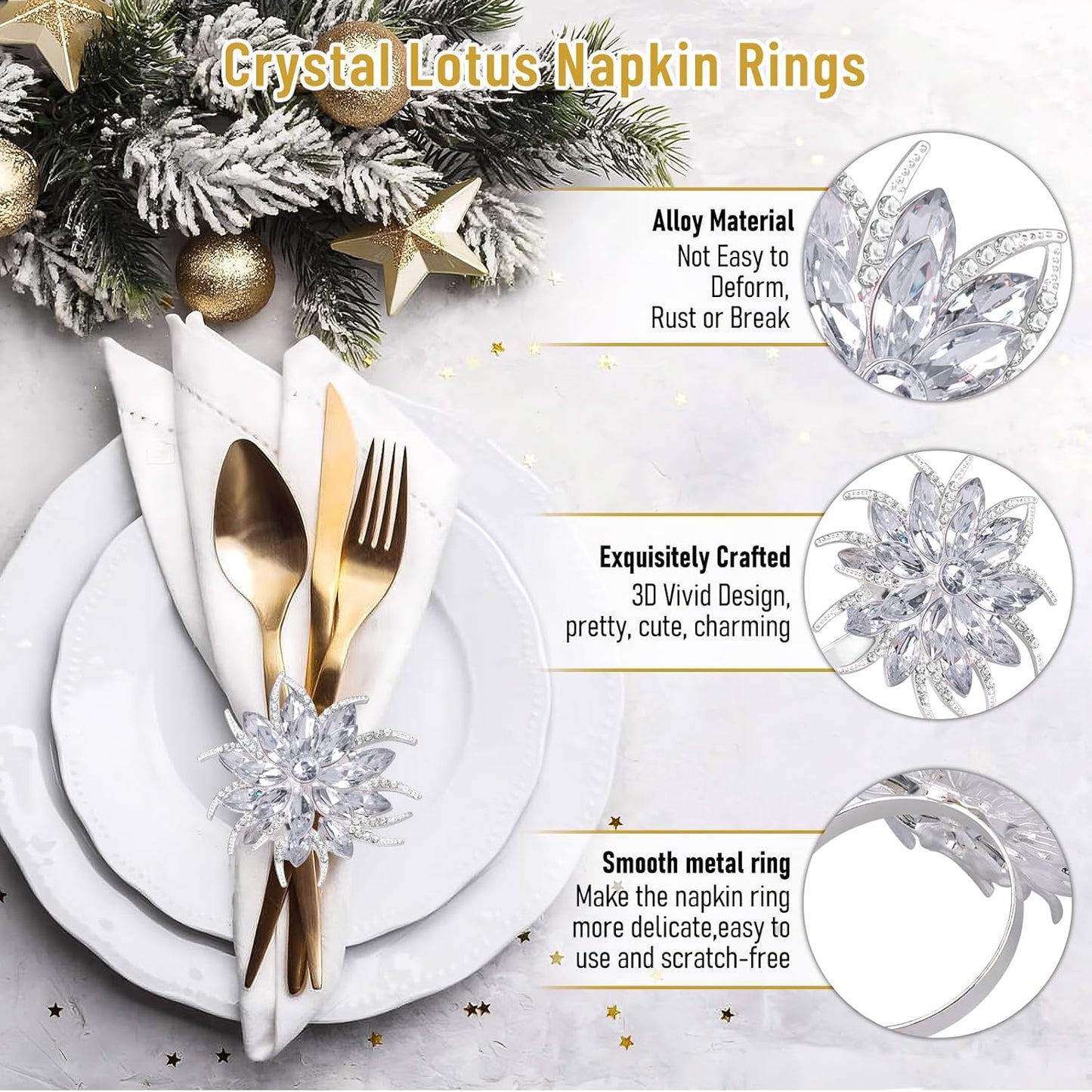 Legigo Set of 12 Christmas Lotus Flower Napkin Rings Set for Dinning Table Setting- Silver Rhinestone Xmas Winter Napkin Ring Holders for Cloth Napkins, Christmas Holiday Party Dinner Table Decoration