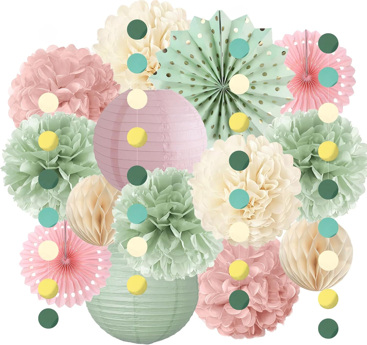 Sage Green and Pink Party Decorations Sage Green and Pink Paper Fans Paper Lanterns Pom Poms Flowers for Baby Shower Birthday Wedding Engagement Party