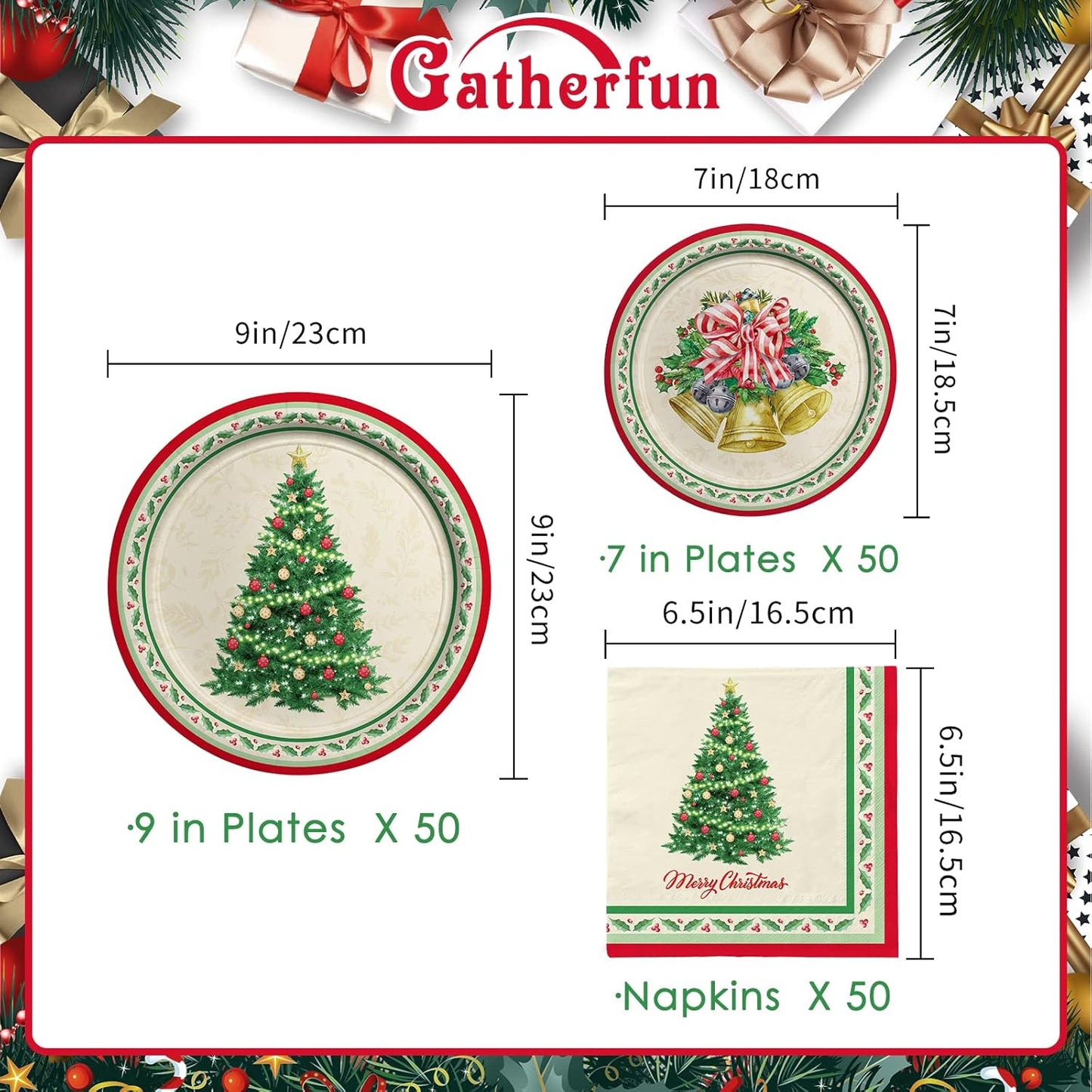 Gatherfun Christmas Party Supplies Kit, Serve 50, Christmas Tree Disposable Dinnerware Includes: Paper Dinner Plates, Dessert Plates, and Napkins, Great for Merry Christmas Party Decorations
