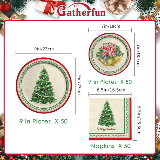 Gatherfun Christmas Party Supplies Kit, Serve 50, Christmas Tree Disposable Dinnerware Includes: Paper Dinner Plates, Dessert Plates, and Napkins, Great for Merry Christmas Party Decorations
