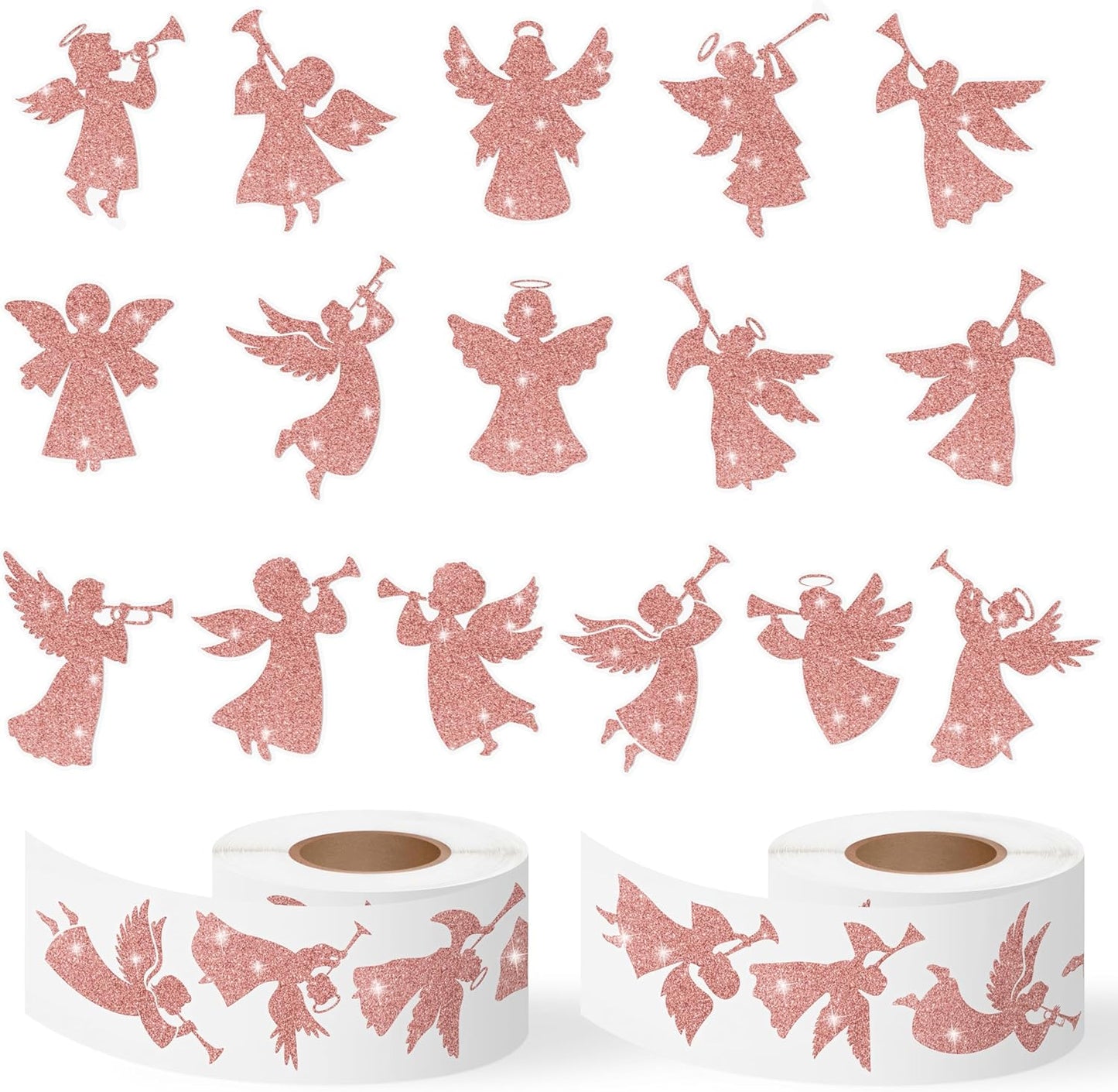 Rose Gold Angel Stickers - 2 Rolls 16 Christmas Foil Angel Designs Waterproof Holiday Decorations for Gift Wrapping, Scrapbook, Kids Crafts, Party Favors, Glass Windows & Laptop Decor