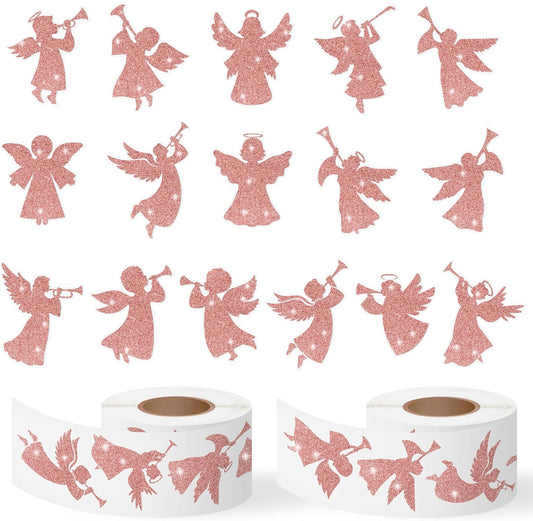 Rose Gold Angel Stickers - 2 Rolls 16 Christmas Foil Angel Designs Waterproof Holiday Decorations for Gift Wrapping, Scrapbook, Kids Crafts, Party Favors, Glass Windows & Laptop Decor