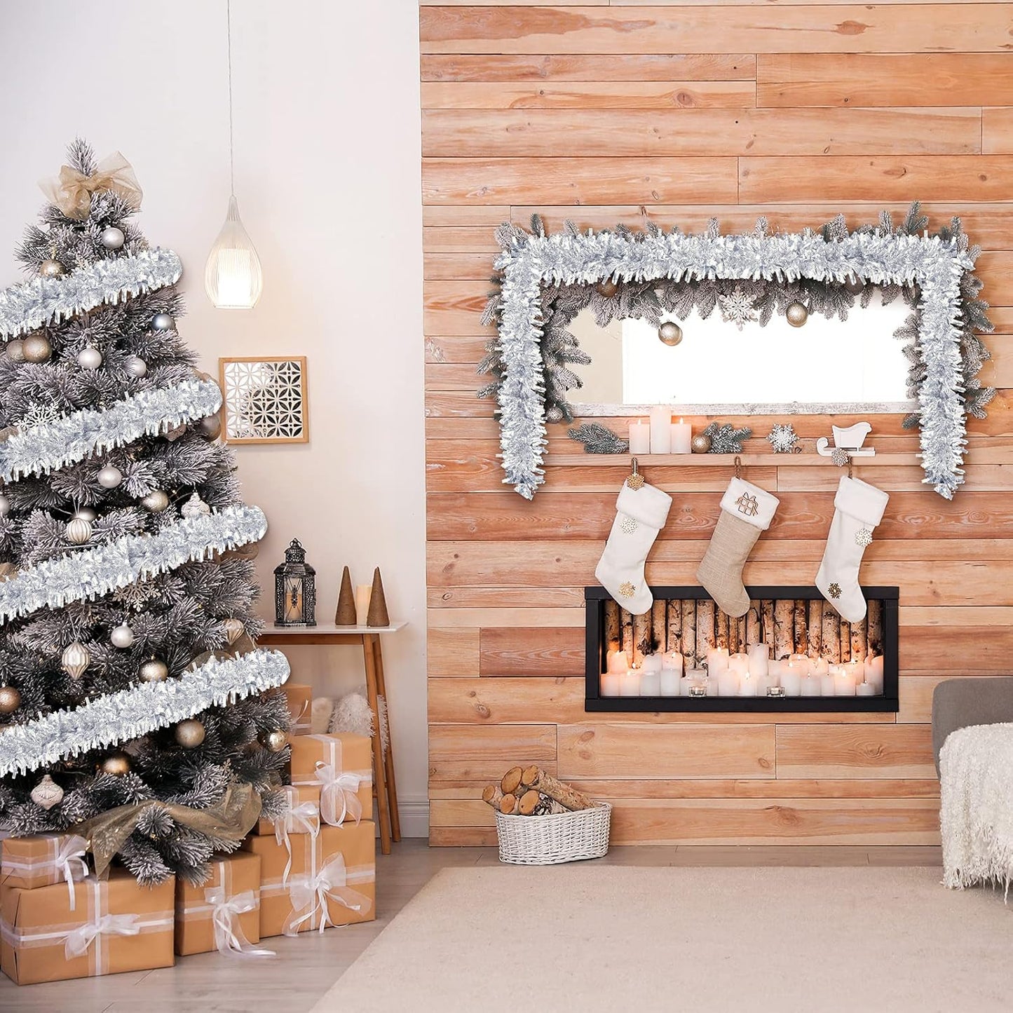 Sosation 100 ft Christmas Tinsel Garland Christmas Tree Twist Garland Bulk Glitter Metallic Streamer Indoor Outdoor Hanging Xmas Decorations(Silver)