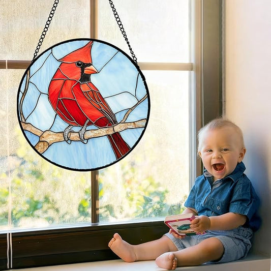 Stained Glass Window Hanging Cardinal Birds 7.8" - Suncatcher Door Garden Sun Catcher Home Decor Christmas Birthday for Bird Lovers Woman Her Nana Wife Men Mom