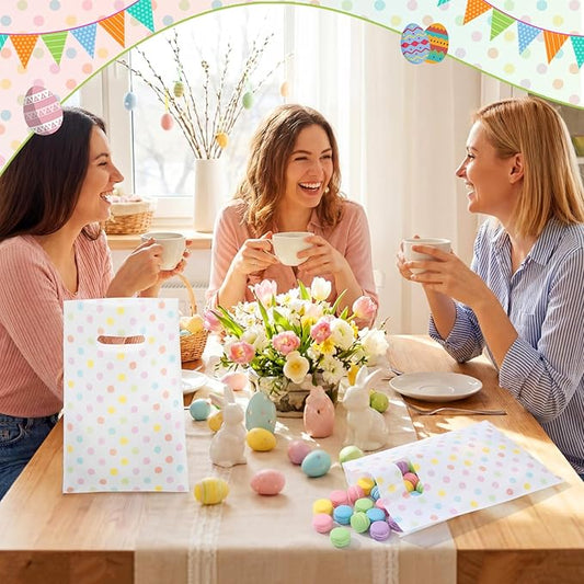 Supervitae 100 Pcs Easter Pastel Gift Bags Polka Dots Party Favor Plastic Bags Bulk with Handles for Birthdays Weddings Snacks Goodie Candy Treat Easter Party Supplies