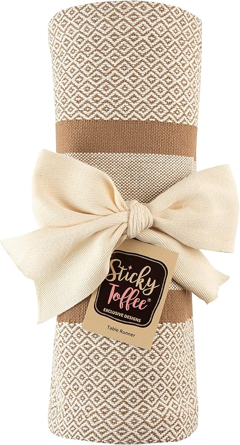 Sticky Toffee Cotton Table Runner, 14 x 72 Inch, Woven Farmhouse Boho Striped Table Décor for Kitchen or Dining, Tan Oeko-Tex Fabric
