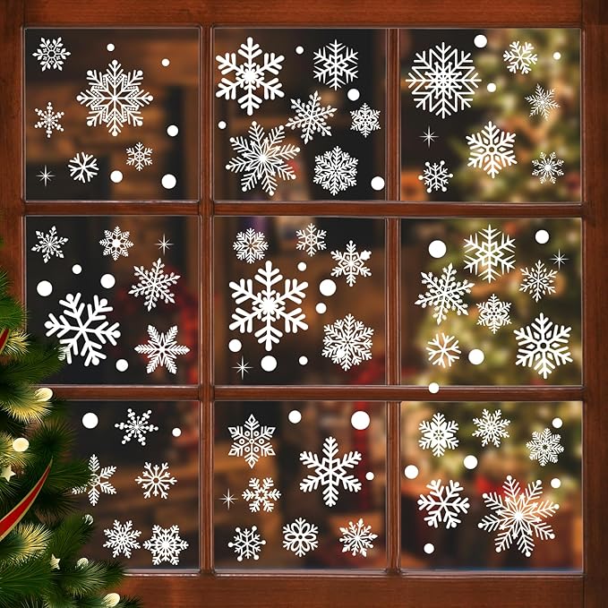 AOWDIAO 394 Pcs Snowflake Window Clings - Christmas Decorations Indoor, 12 Sheets Large White Double-Sided Xmas Snowflake Window Stickers for Glass, Winter Holiday Decor for Home, Office, Party