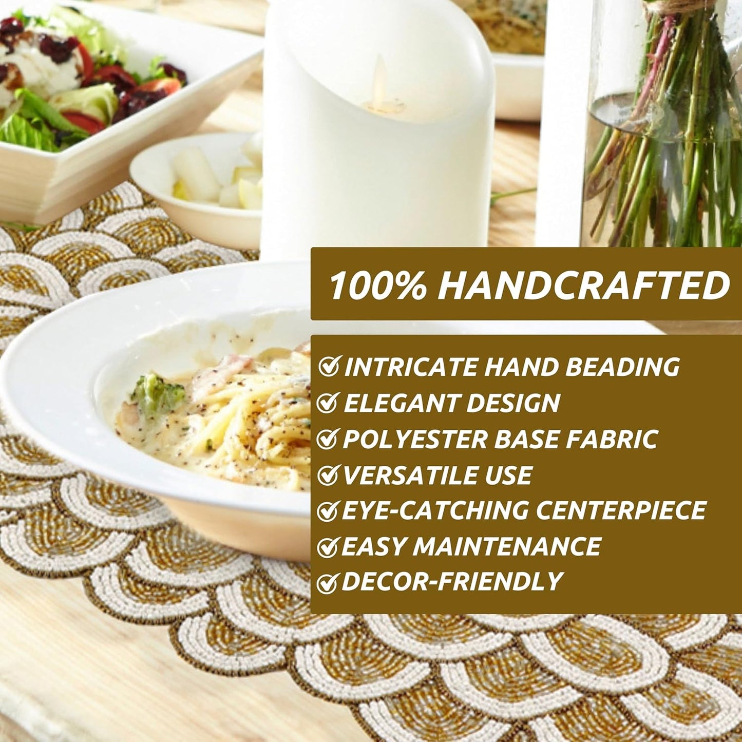 Beaded Table Runners 36 Inches, Hand Beaded Decorative Farmhouse Glitz Table Runner for Christmas Wedding Baby Shower Bridal Shower, Seasonal Winter Holiday Kitchen Dining Table - CLEENTABLE