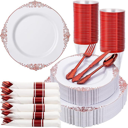 Nervure 175PCS Red Plastic Plates - White Red Plastic Dinnerware Sets for 25 Guests - 50 Red Disposable Plates, 25 Pre Rolled Cutlery Set, 25 Cups Perfect for Wedding, Party