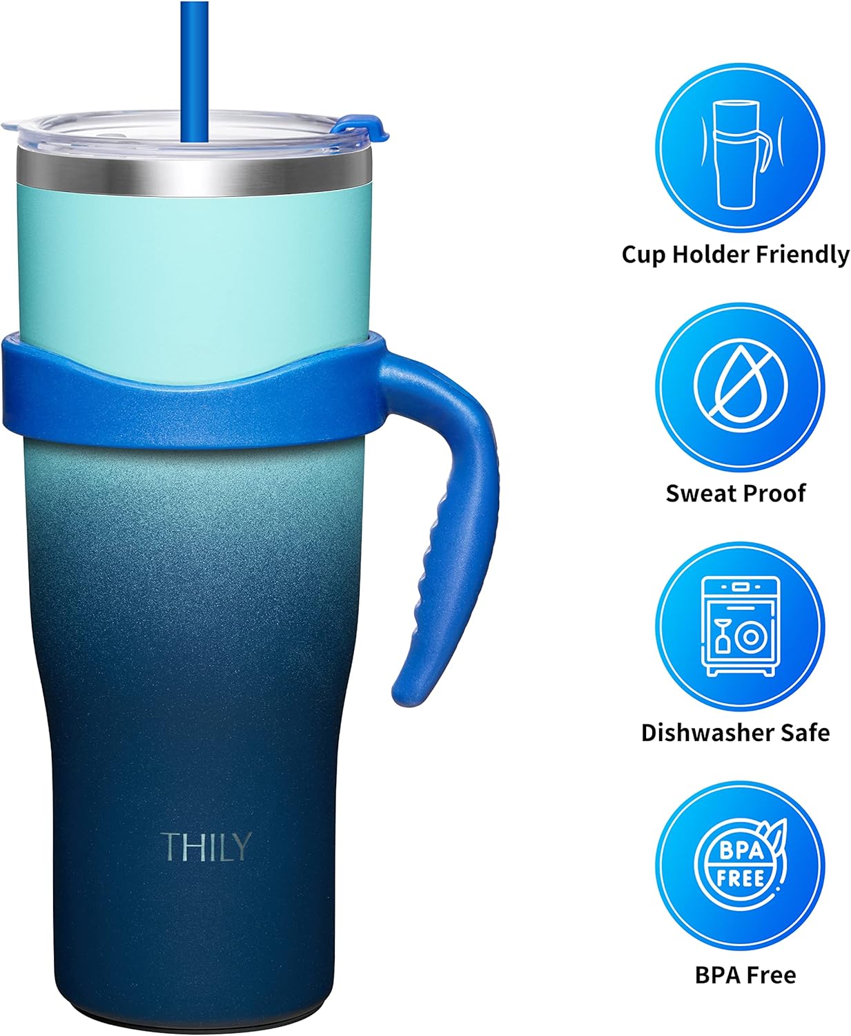THILY Stainless Steel Vacuum Insulated Tumbler 40 oz Coffee Travel Mug with Handle and Lid, Reusable, Sweat Proof, Keep Drinks Cold for 34 Hours or Hot for 12 Hours, Green & Navy