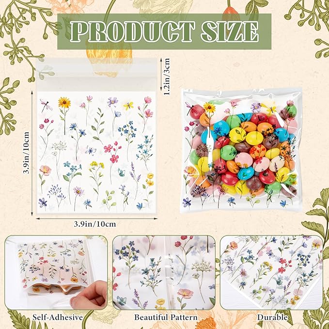 Tinlade 200 Pcs Wildflower Party Cellophane Treat Bags Floral Candy Decorations Plastic Clear Goody Bags for Wedding Birthday Graduation Party Supplies